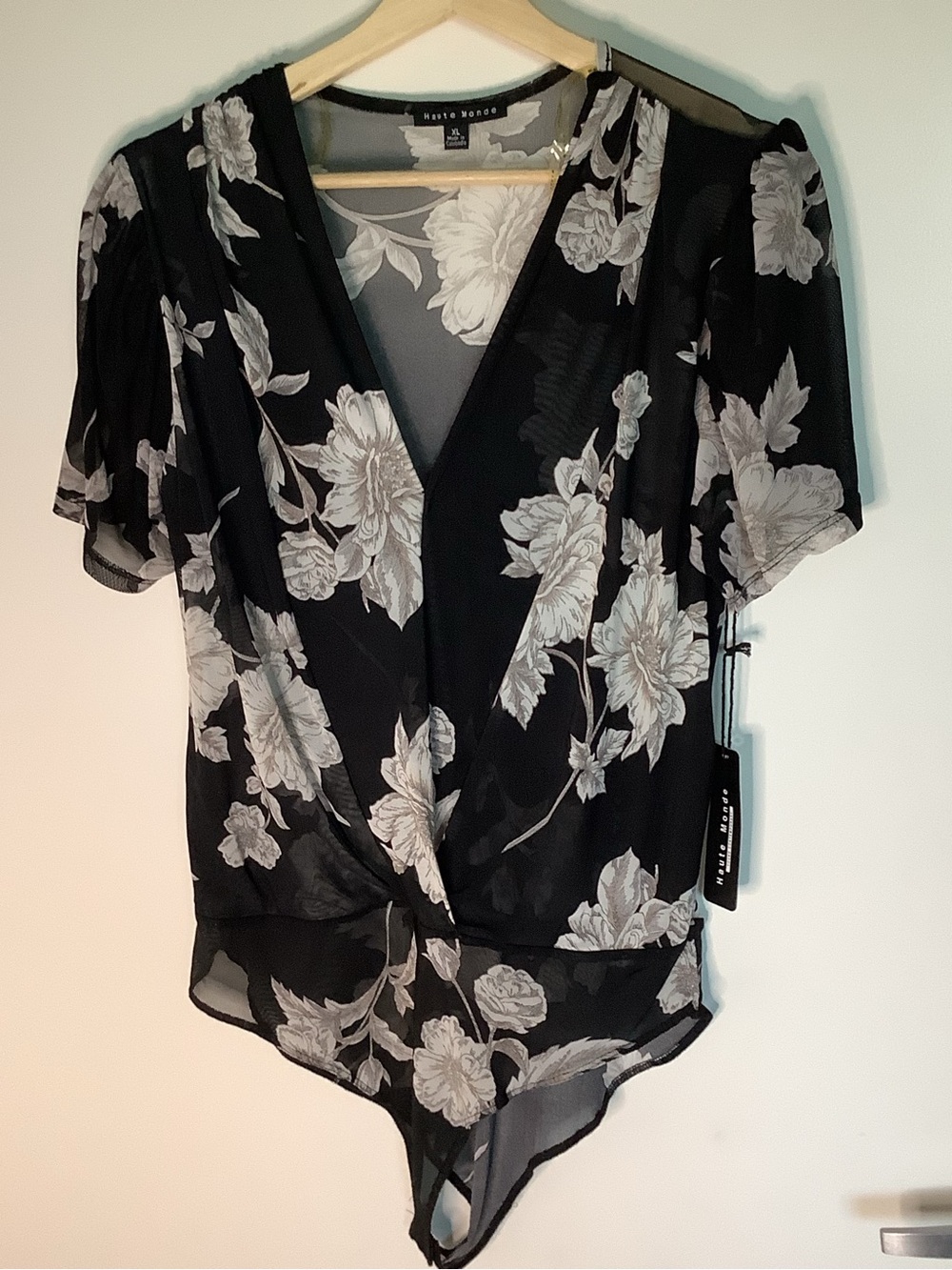 NWT Haute Monde Sheer Black Floral Mesh Plunge Bodysuit XL